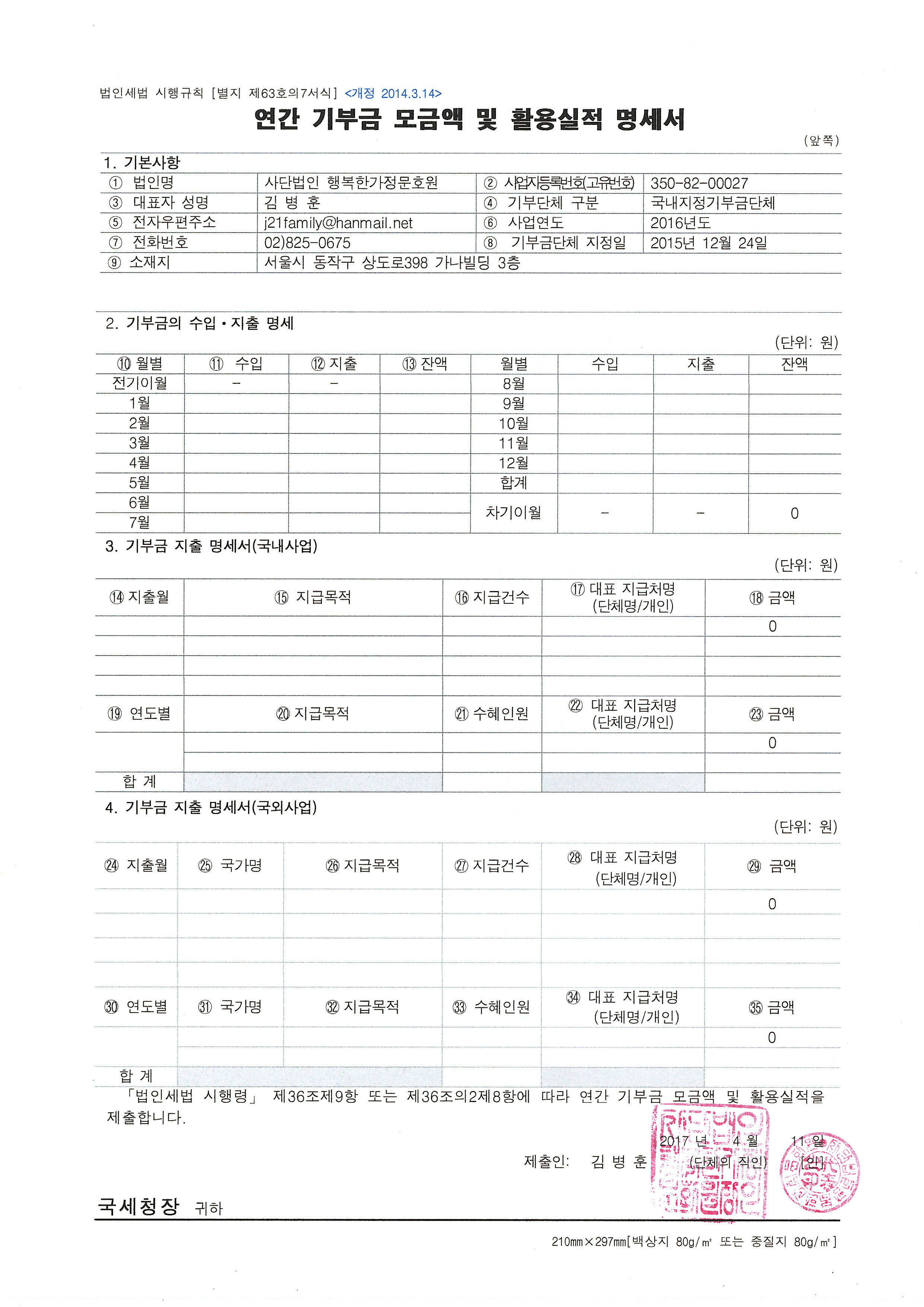2016년도 연간 기부금 모금액 및 활용실적
